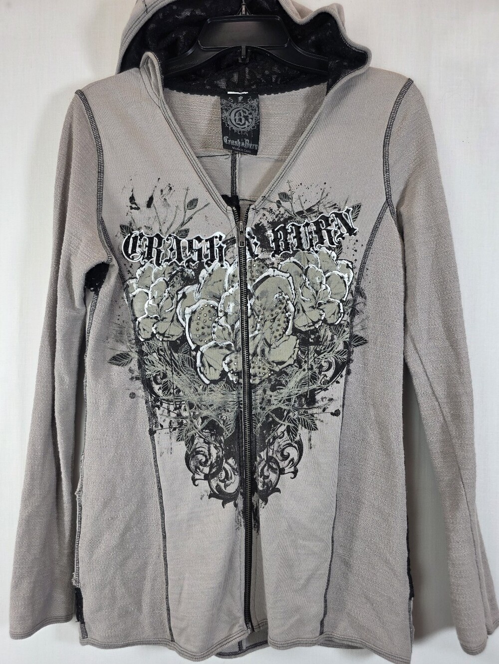 Vintage Y2K Crash & Burn Rhinestone Floral Lace Patchwork Zip Hoodie L